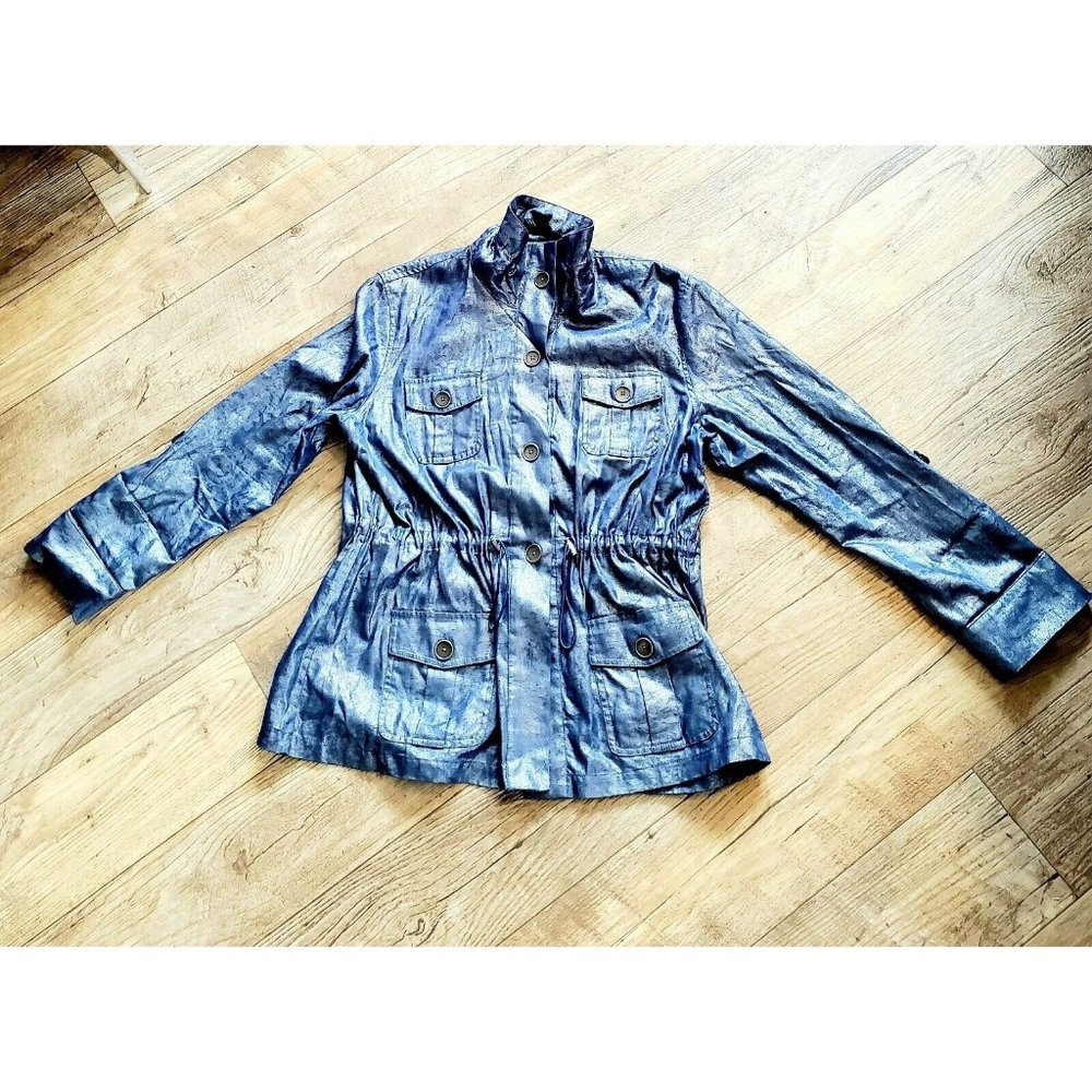 Chicos Blue Jacket Sz 2 Ginette Shimmer Metallic